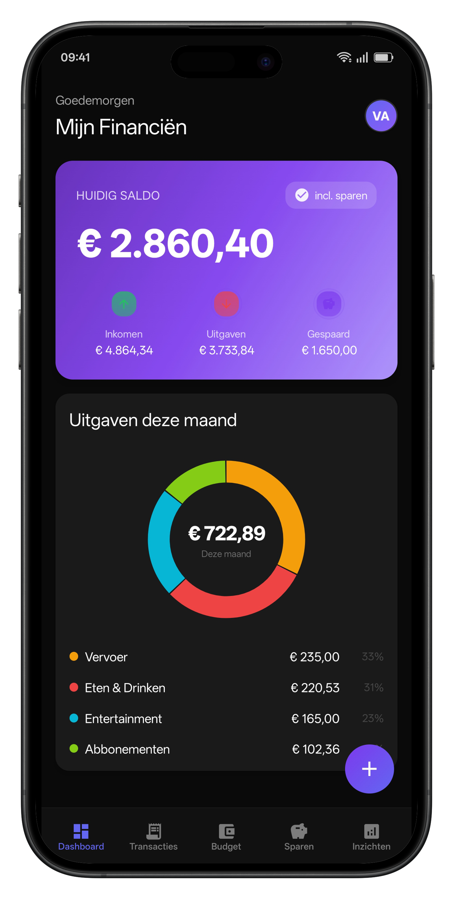FINQO — Dashboard with balance overview and spending chart